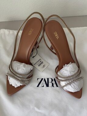 ZARA Tan Pointed Slingback Heels with Rhinestone Straps